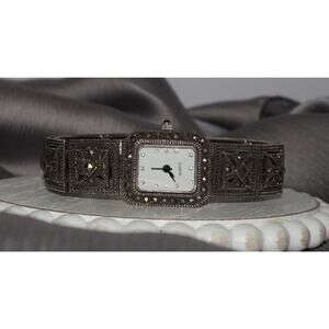 Vintage OBJ Quartz Sterling Silver Marcasite Ladies Watch 34.2G / 6.75in